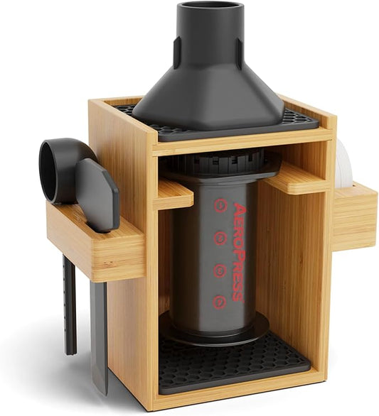 HEXNUB ??Compact AeroPress Organizer Stand, Bamboo Coffee Caddy for AeroPress Coffee Maker, Accessories, Filters, Cups, Includes Mats - Black
