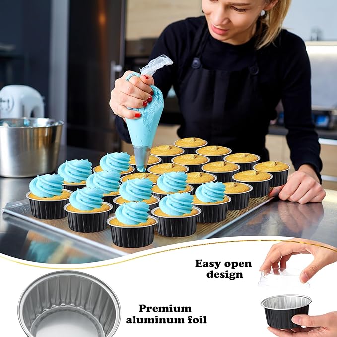 Gejoy 400 Pcs Aluminum Foil Baking Cups with Lids 5 oz Disposable Ramekins Mini Cake Pans Creme Brulee Cupcake Liners Muffin Tins Flan Mold Dessert Container for Wedding(Black,Classic)