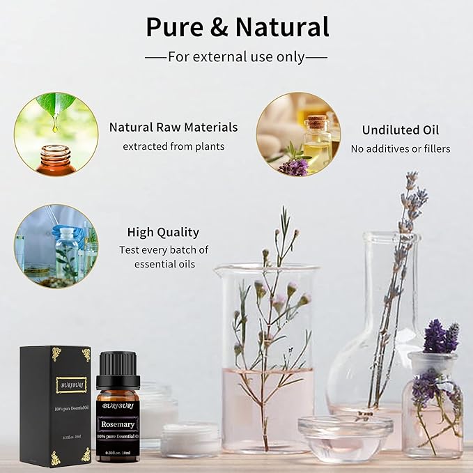 BURIBURI Rosemary Essential Oil 100% Pure, Undiluted, Natural, Organic Aromatherapy Rosemary Oil Essential Oils 10ML