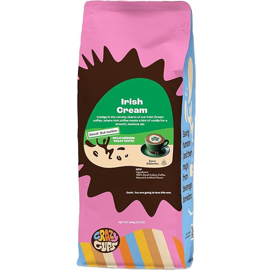 Crazy Cups Decaf Flavored Ground Coffee, Decaffeinated Irish Cream Coffee in 10 oz Bag, For Brewing Hot or Iced