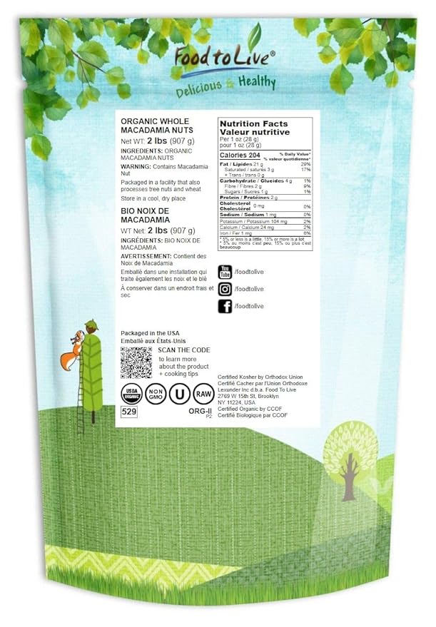 Food to Live Organic Whole Macadamia Nuts, 2 Pounds – Non-GMO, Raw, Shelled, Unsalted, Kosher, Vegan, Bulk. Keto Snack. Buttery Flavor. Good Source of Fiber, Healthy Fats. Perfect for Desserts.