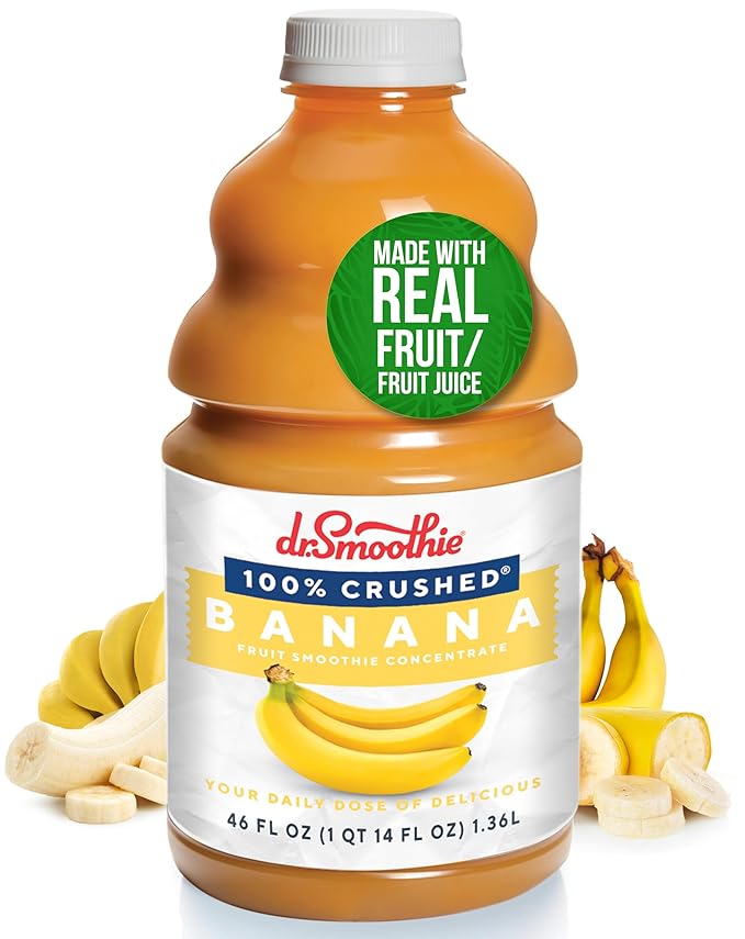 Dr. Smoothie 100% Crushed Banana ??No Added Sugar, Made with Real Fruits/Fruit Juice ??Vegan, No Artificial Colors or Flavors ??Rich & Creamy Sweetness of Perfectly Ripe Bananas ??46 oz Bottle