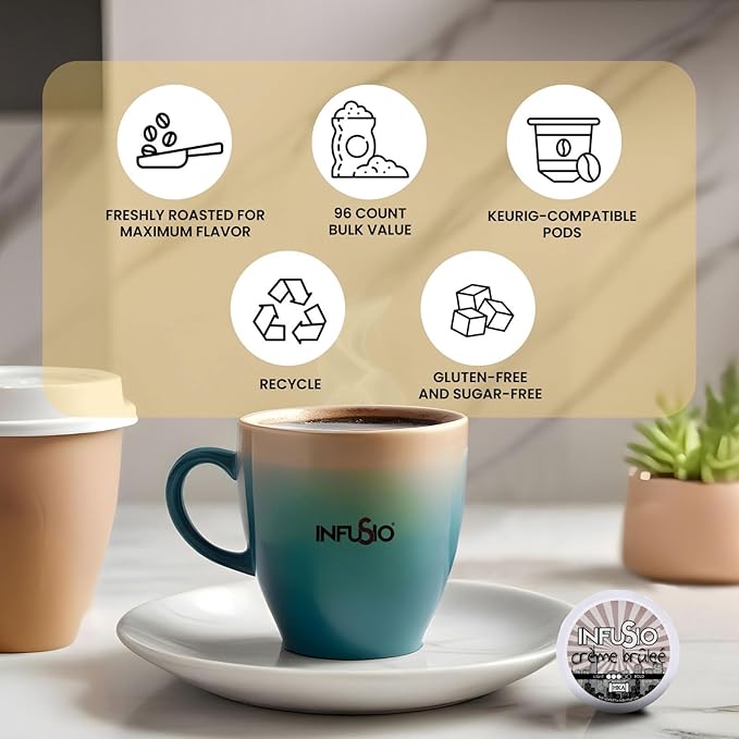 InfuSio Coffee Pods 96 Count Cr챔me Brulee Medium Roast Single Serve Coffee Pods for Keurig K Cups Brewers - InfuSio Premium Roasted Keurig 2.0 Compatible