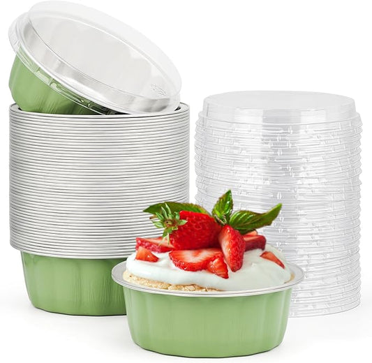 Beasea Disposable Ramekins 8oz, 50 Pack Pea Green Aluminum Foil Cups with Lids, Disposable Creme Brulee Muffin Cupcake Baking Cup Mini Pudding Cups for Party Wedding Birthday