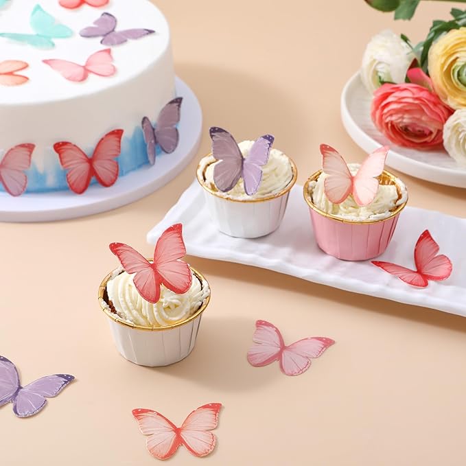 THJ 48Pcs 2" Edible Butterflies for Cake Decorations Wafer Paper Butterflies Cake Toppers for Birthday Party Wedding Anniversary Cupcake Decorating Supplies (Mix Color)
