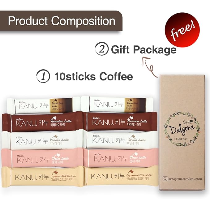 KANU Latte - Korean Maxim 3 in 1 Instant Coffee Variety Sample Packets with Gift Box Set, Camping Essentials, KANU Latte 5 Mix Combination 10 Sticks