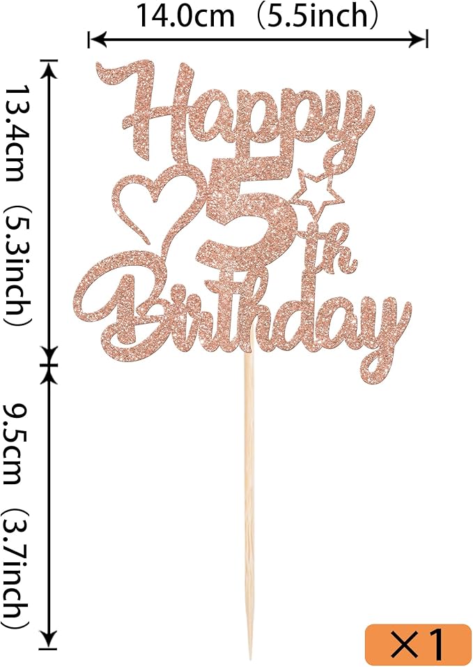 1 Pack Happy 5th Birthday Cake Topper - Glitter Heart Star 5 Fabulous Cake Picks - Rosegold