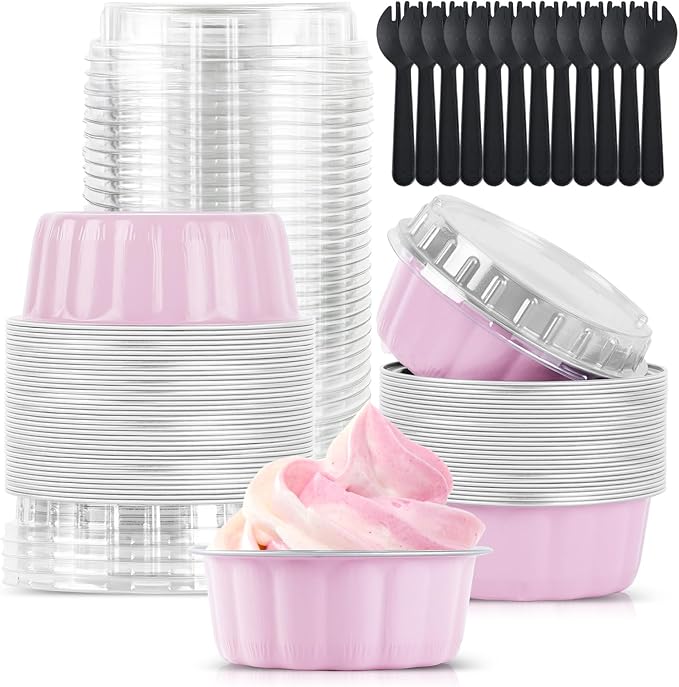 50 Pcs 8.5oz Round Mini Cake Pans with Lids and Spoons, Aluminum Foil Baking Cups, Disposable Ramekins Cupcake Muffin Tins Dessert Containers for Wedding Birthday Party Catering竊늁inkç«?,<div>