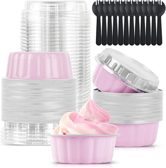 120 Pcs 8.5oz Round Mini Cake Pans with Lids and Spoons, Aluminum Foil Baking Cups, Disposable Ramekins Cupcake Muffin Tins Dessert Containers for Wedding Birthday Party Catering竊늁inkç«?,<div>
