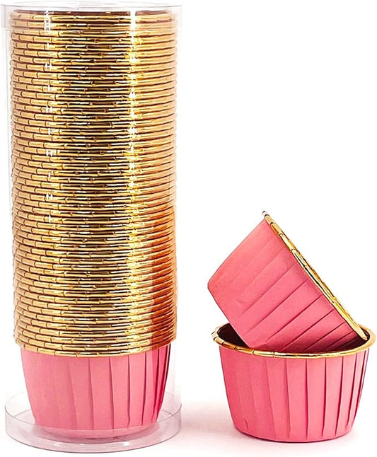 Party Hippo Foil Muffin Liners, 3.5 Oz 50 Pcs Disposable Cupcake Baking Cups, Gold Aluminum Ramekin Holders, Little Baking Cups (Pink)
