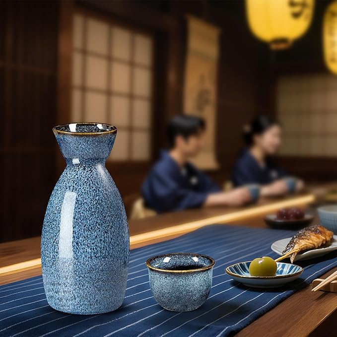 DUJUST 10 pcs Japanese Sake Set with Warmer for 6, Kiln Altered Glaze Porcelain Sake Set, 6 Sake Cups, 1 Sake Bottle, 1 Warmer, 1 Candle Stove, 1 Tray & 1 Box, Warm Sake Carafe, Japanese Gifts - Blue