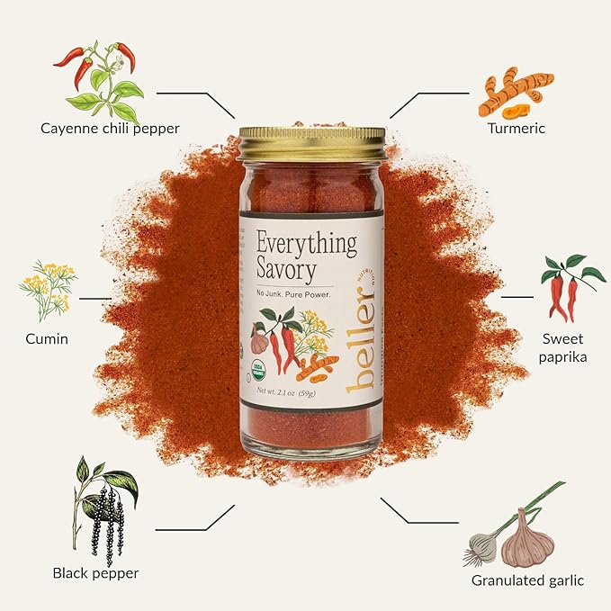 Beller Nutrition Everything Savory Organic Paprika Powder Spice Blend Seasoning | 1.4 oz | Sweet Ground Paprika with Ground Cumin Powder, Turmeric, & Cayenne | Use as Spicy Seasoning, Rib Rub & More