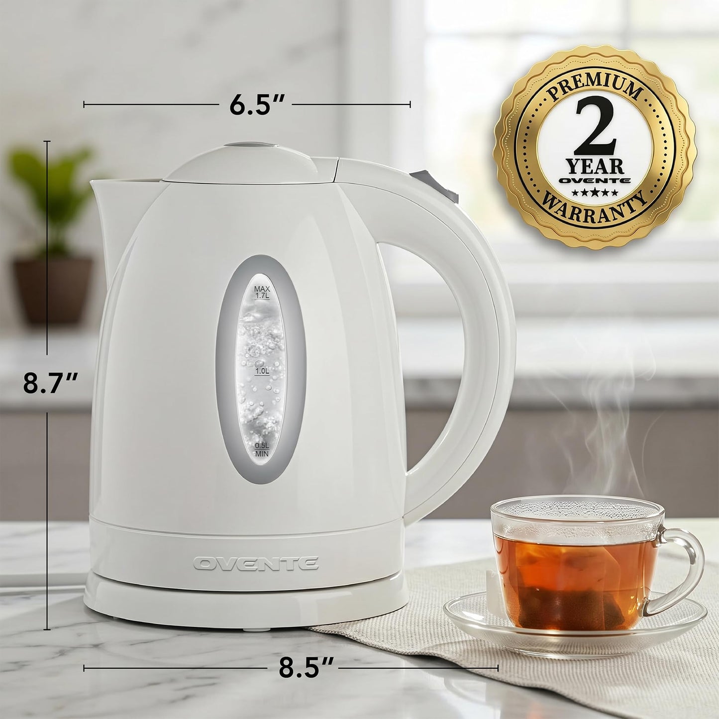 OVENTE 1.7L Electric Kettle with 1100W Fast Boiling Water, White KP72W