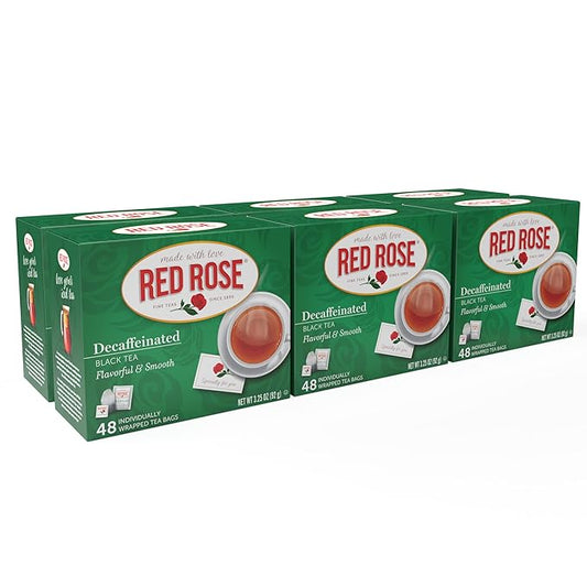 Red Rose Naturally Decaffeinated Black Tea, Smooth & Flavorful Decaf for Iced or Hot Tea in Bulk, Gluten-Free, 12 Pack of 48 Individually Wrapped Teabags, 576 Teabags Total