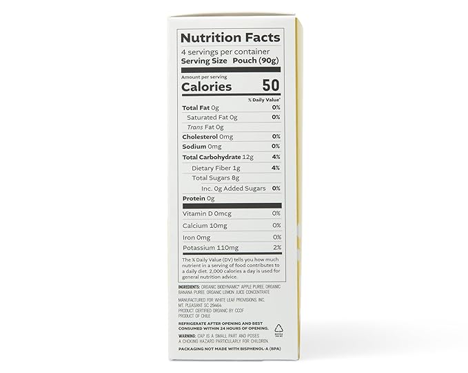 White Leaf Provisions Organic Banana Applesauce ??Regeneratively Farmed, No Added Sugar, Kosher, USDA, GMO & BPA free 3.2oz Pouches (Pack of 24)