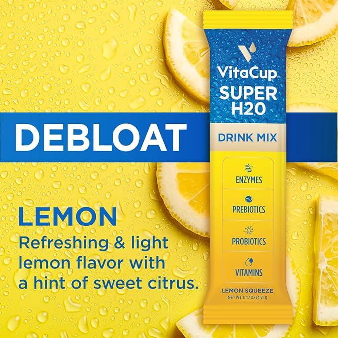 VitaCup Super H2O Bloating Relief and Digestive Health Drink Mix Packets, Probiotics, Prebiotics, C & B Vitamins, Lemon Flavor Water Enhancer Packets, 48 ct