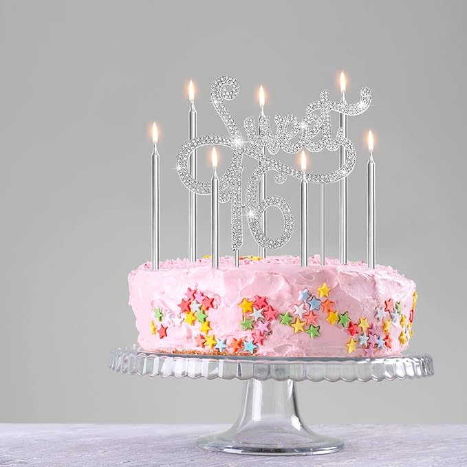 Tondiamo Sweet 16 Birthday Decorations Rhinestone Sweet 16 Cake Toppers 20 Pcs Metallic Happy Birthday Candles 16 Cake Decorations for Cupcake Decor(Silver)