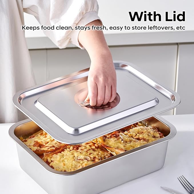 4 Inch Extra Deep Lasagna Pan with Lid, 11.8x15.7Inch 9.2QT Large Stainless Steel Nonstick Lasagna Baking Roasting Dish Pan for Oven(L, 1 Pack)