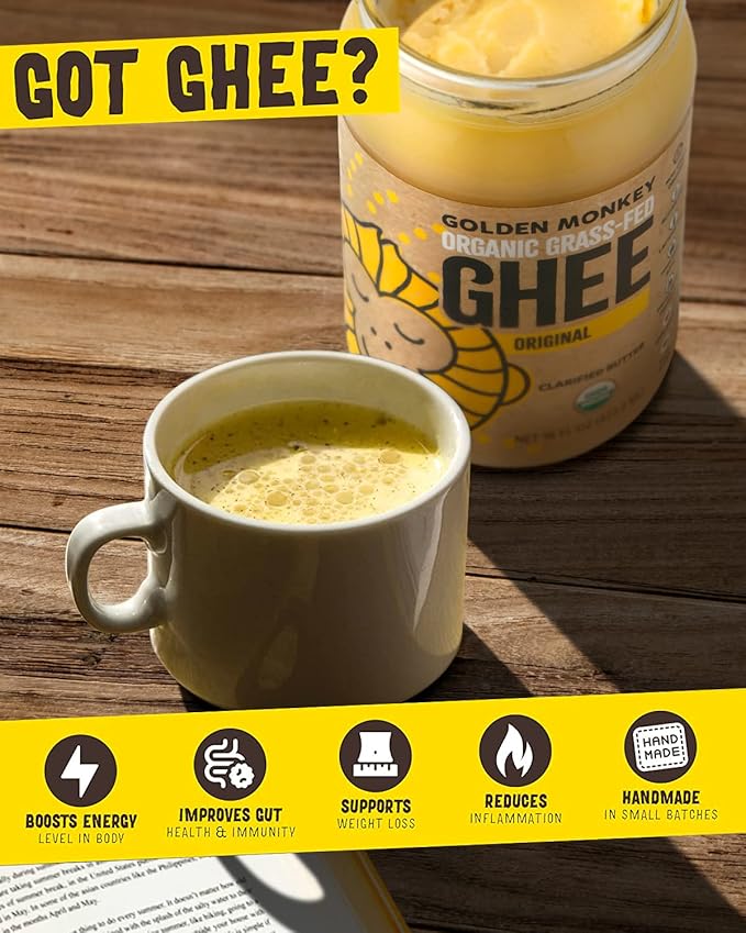 GOLDEN MONKEY Organic Ghee Butter ??Grass Fed Clarified Butter for Cooking, Baking, Keto & Gut Health ??Ghee Butter Organic Grass Fed from Small Farms ??Smooth Spread with High Smoke Point (16oz)