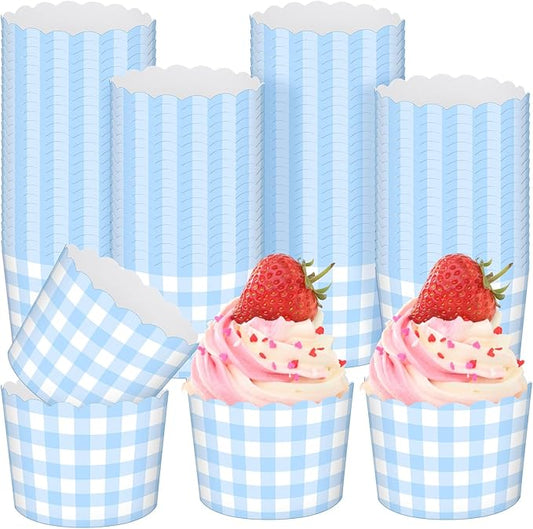 Vesici 150 Pcs Blue Gingham Ice Cream Cups 5oz Dessert Paper Bowls Gingham Scalloped Cupcake Cups Blue Disposable Dessert Bowls for Food Sundae Frozen Yogurt Soup Party Supplies