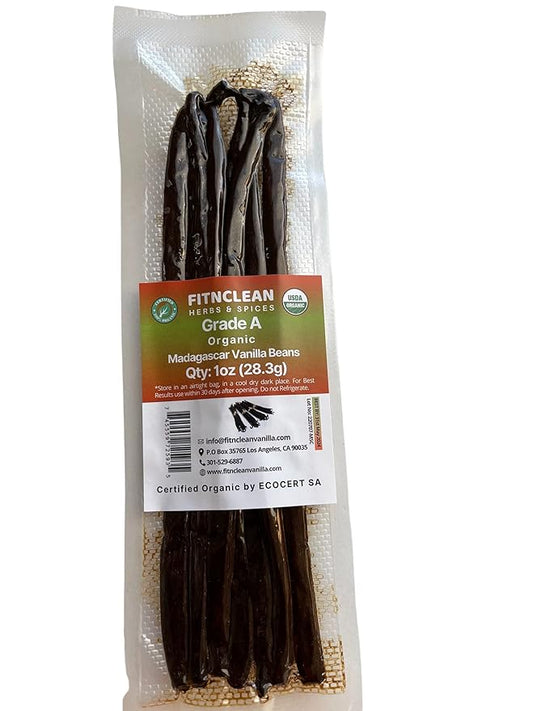 1oz. Madagascar Organic Vanilla Beans Gourmet Grade A. Certified USDA Organic 6"-7.5" by FITNCLEAN VANILLA for Cooking, Brewing, Extract Fresh Bourbon NON-GMO Whole Pods