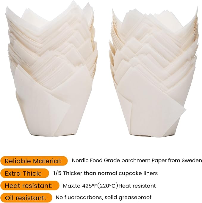 Nordic Paper 100pcs Large Size White Tulip Cupcake Liners for Baking Cups EU Parchment paper Tulip Muffin Liners, Cupcake Wrapper for Party, Christmas