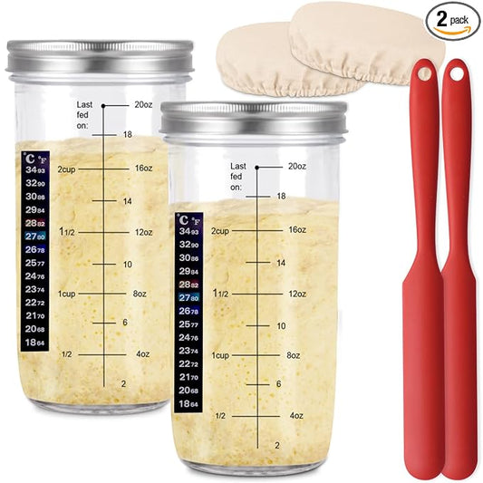 24 OZ/2 Pack Pro Pack Pro Sourdough Starter Kit ??Extra Thermometer Strips and Breathable Covers Included in Sourdough Starter Jar ??A Perfect Sourdough Bread Starter Kit for Beginners to Expert