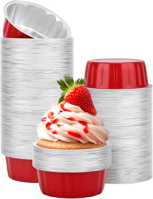 Beasea Disposable Baking Cups, 8oz 200 Pack Aluminum Ramekins Foil Baking Cups 3.9" Ramekin Cup Cupcake Aluminum Mini Baking Cups for Party - Red