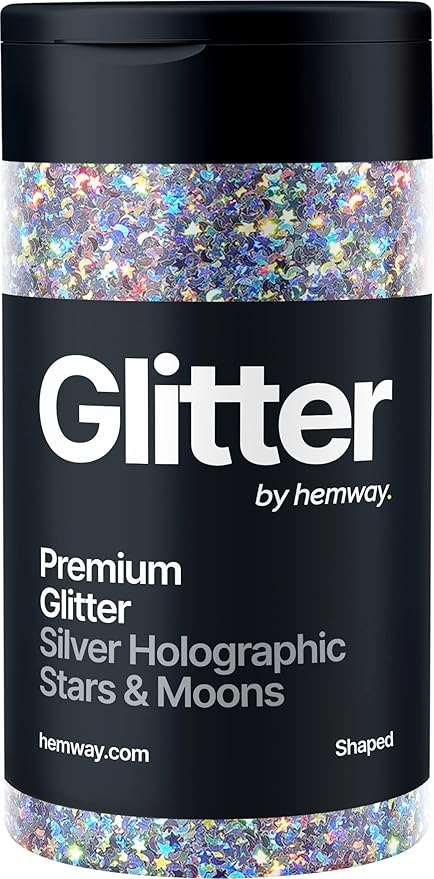 Hemway Premium Glitter Shaker - Silver Holographic Stars & Moons | Shaped Metallic Flake Sequins for Resin & Epoxy Crafts | Craft Supplies for Tumblers, Festival, Eye & Nail Art Decoration | 78 g