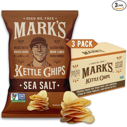 MARK???Kettle Cooked Avocado Oil Potato Chips, Sea Salt ??Seed Oil & GMO Free | Sea Salt, 5 oz (Pack of 3) | Gluten Free, Non-GMO Chips for Clean & Healthy Snacking