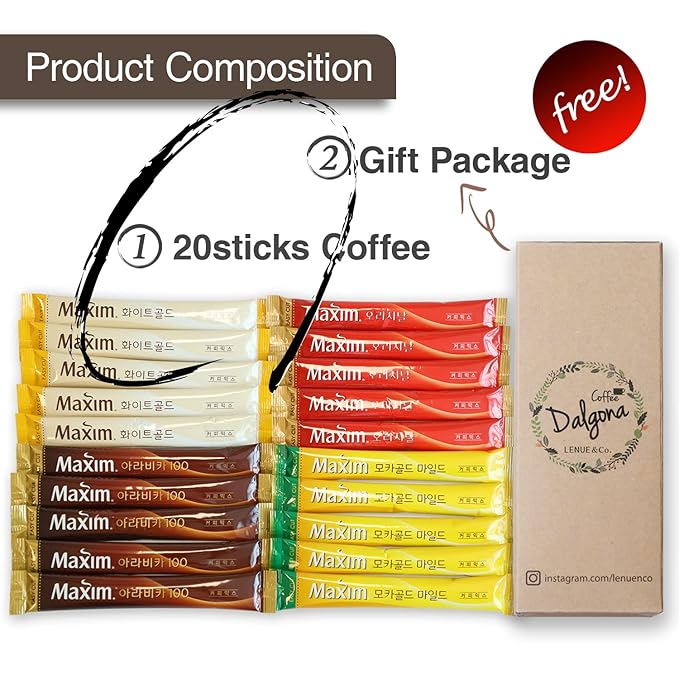 Korean 3 in 1 Instant Coffee Variety Sample Packets with Gift Box Set, Camping Essentials, Maxim Instant Coffee Mix Combination 20 Sticks