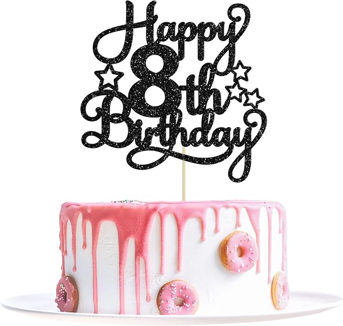 1 Pack Happy 8th Birthday Cake Topper Black Glitter 8th Birthday Cheers to 8 Years Old Birthday Cake Pick for Celebrating 8th Birthday Anniversary Party Cake Decorations Supplies