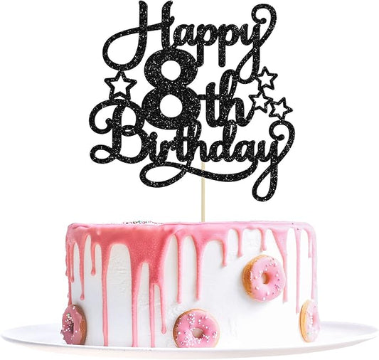 1 Pack Happy 8th Birthday Cake Topper Black Glitter 8th Birthday Cheers to 8 Years Old Birthday Cake Pick for Celebrating 8th Birthday Anniversary Party Cake Decorations Supplies