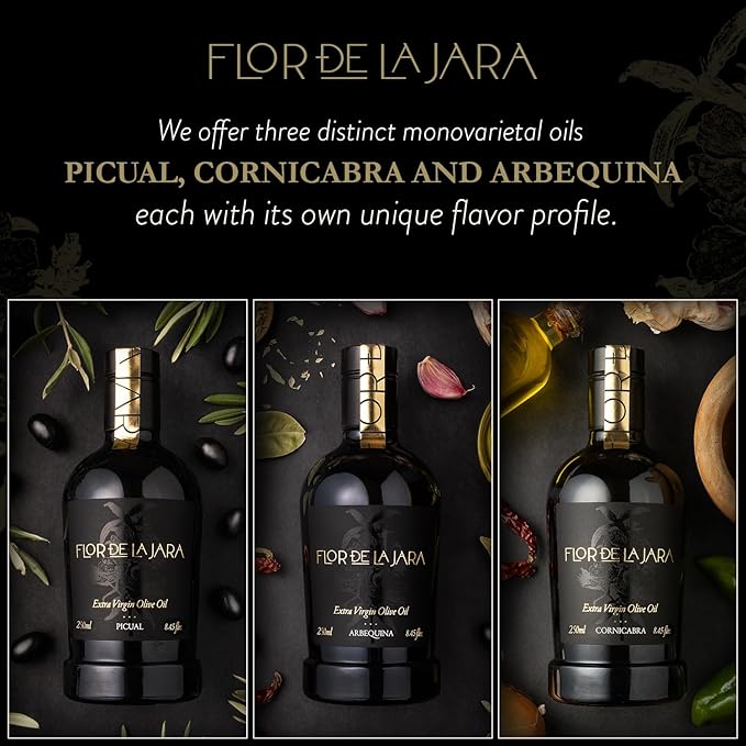 FLOR DE LA JARA Premium Extra Virgin Olive Oil from Spain, First Cold Pressed, Monovarietal Arbequina, Hand-Harvested Olives, Family-Owned Grove, Low Acidity (0.1%) - 8.45 fl oz (250ml)