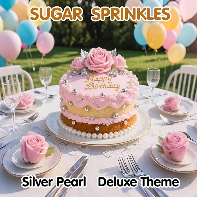 Silver Pearl Sprinkles,Edible Rods Pearl Sprinkles Mix Size,130g/4.58oz,Baking Edible Cake Decorations,Cupcake Toppers,Cookie Decorating Donuts Ice Cream,Holiday,Birthday Wedding Party,Valentines Christmas Supplies