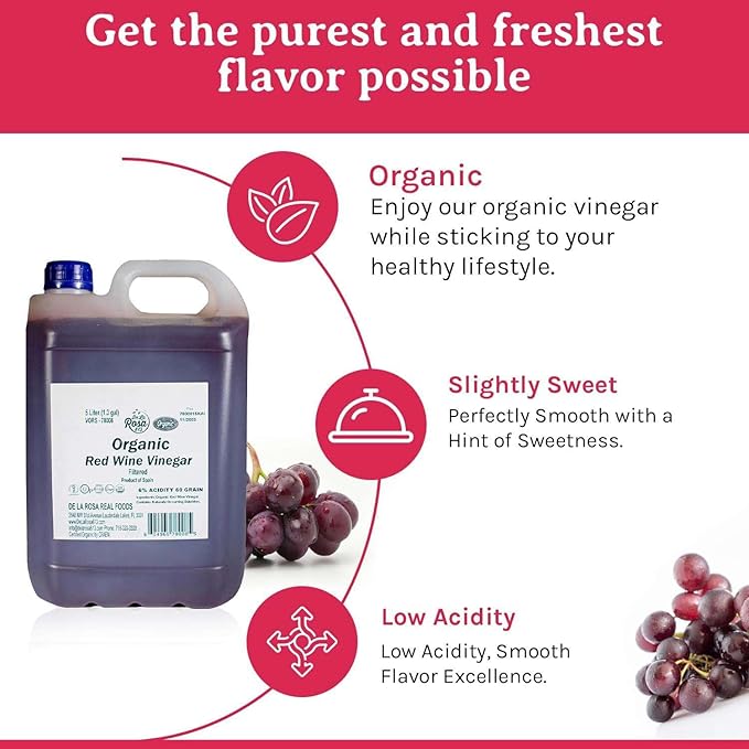 De La Rosa Organic Red Wine Vinegar, Filtered, Kosher for Passover, Vegan, Non-GMO & Gluten Free, Great for Salad Dressings, Marinades & More, Organic Red Wine Vinegar, 5 Liter (Pack of 1)