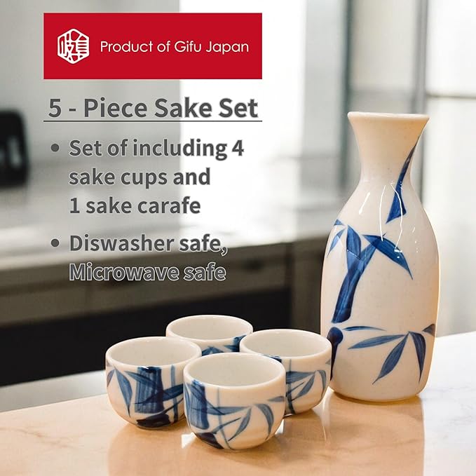 Product of Gifu Japan Japanese Sake Set, 1 Tokkuri Bottle Carafe and 4 Ochoko Cups Ceramic Sake Glasses, 5 Piece Set, White Nashijidake