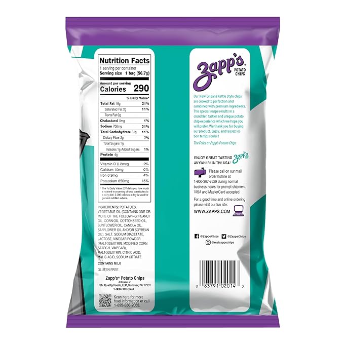 Zapp???New Orleans Kettle-Style Potato Chips Salt and Vinegar Flavor (2 oz Bags, 25 Count), Crunchy Chips with a Spicy Kick, Perfect On-The-Go, Gluten Free Snack