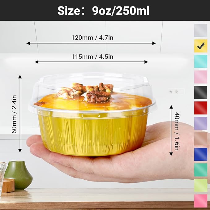 EUSOAR Disposable Ramekins, 25pcs 9oz Gold Creme Brulee Cups Cupcake Liners Holiday, Aluminum Pans with Lids Bakery Flan Bread Pie Tart Brownie Round Holders for Wedding Birthday Theme Party