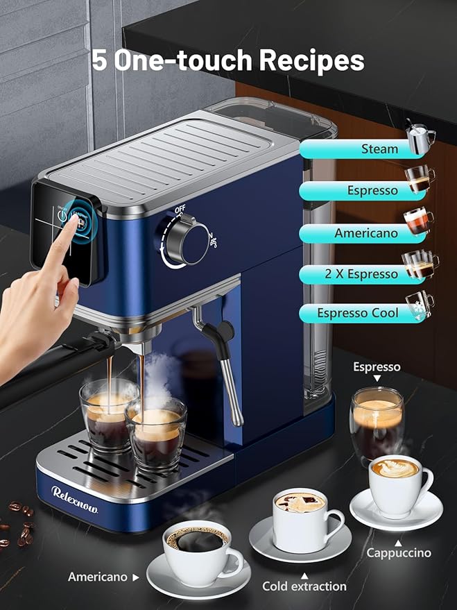 Espresso Machine, 20 Bar Espresso Maker Milk Frother & LCD Panel, Hot & Iced Coffee Machine, Stainless Steel Espresso Coffee Machine with 41oz Water Tank for Cappuccino, Latte
