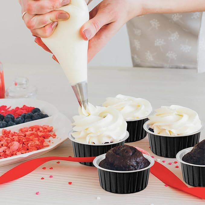 Lainrrew 50 Pack Baking Cups with Lids, Aluminum Foil Cupcake Cups Muffin Liners, Disposable Foil Ramekins, Cupcake Holders Dessert Containers Mini Pudding Cups (Black)