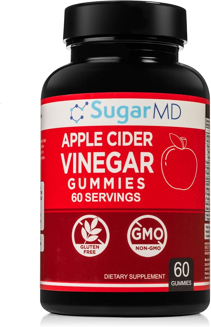 SugarMD Apple Cider Vinegar 60 Gummies - Vitamin B6 & B12-500mg Apple Cider Vinegar Supplement from Raw, Unfiltered, & Unpasteurized Apples - Vegan & Halal