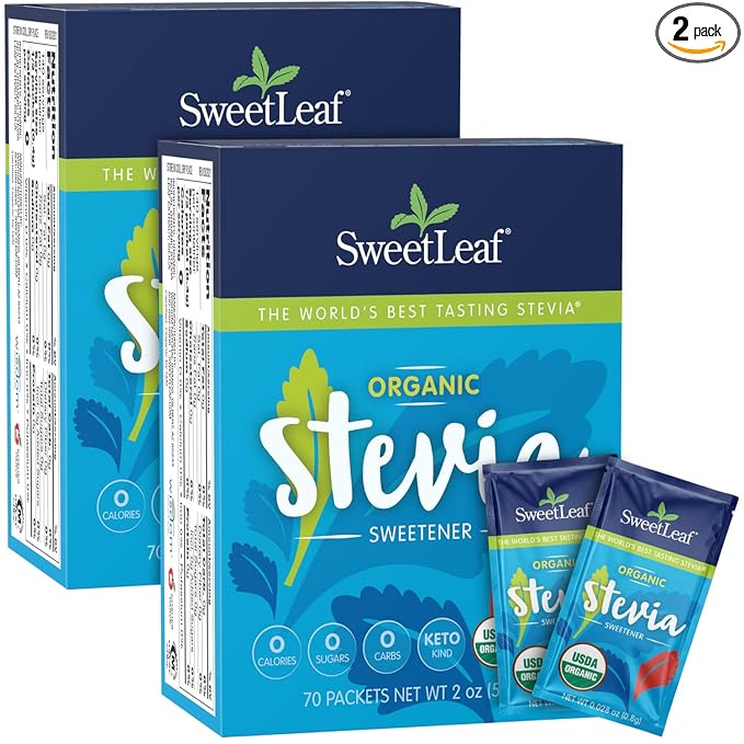 SweetLeaf Organic Stevia Packets - Zero Calorie Stevia Powder, No Bitter Aftertaste, Sugar Substitute for Keto Coffee, Nothing Artificial, Non-GMO Stevia Sweetener Packets, 70 Count (Pack of 2)