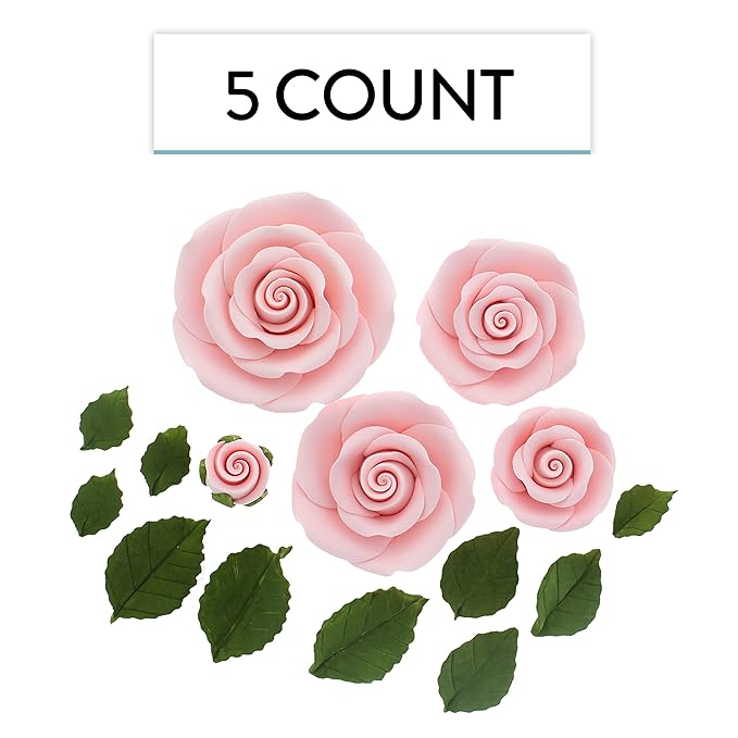 Global Sugar Art Edible Exquisite Rose & Leaf Tray Sugar Cake Flowers, Pink Unwired, 5 Count by Chef Alan Tetreault