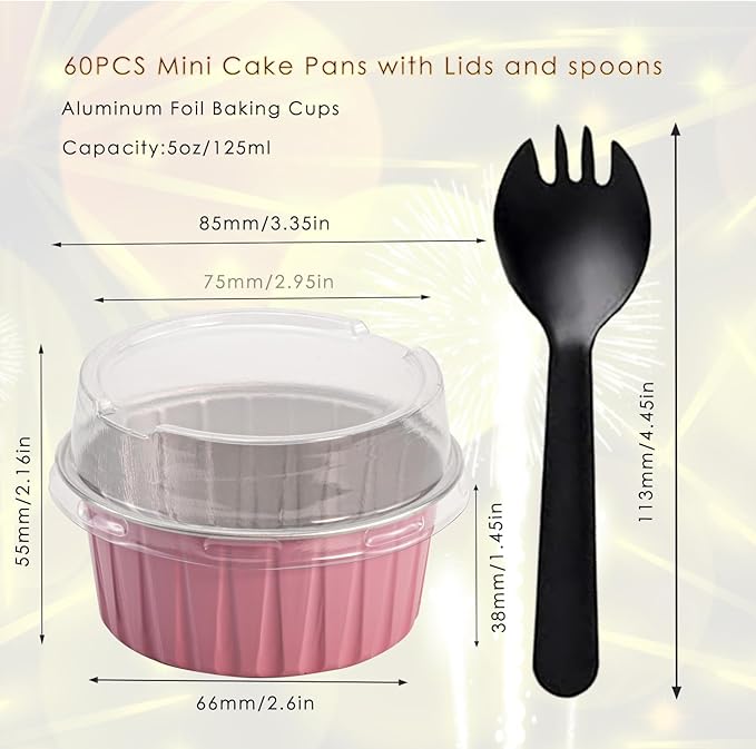 60 Pcs Mini Cake Pans with Lids,5oz Aluminum Foil Baking Cups Round Mini Disposable Ramekins 125ml Muffin Tin Ramekins Brownie Baking Cups, Dessert Cupcake Cups for Wedding Birthday Party(Pink)