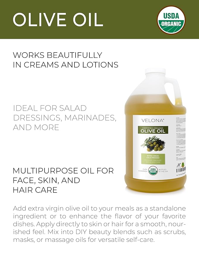 velona USDA Certified Organic Olive Oil -1 Gallon / 128 Fl Oz | 100% Pure and Natural Carrier Oil | Extra Virgin, Unrefined, Cold Pressed | Cooking, Dressing, Face, Hair, Body & Skin Care | Use Today - Enjoy Results