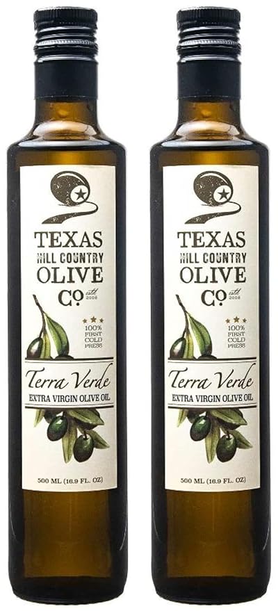 Texas Hill Country Olive Co Terra Verde Extra Virgin Olive Oil - Cold Pressed EVOO Gourmet Olive Oil - Rich & Fruity - Perfect for Finishing & Dressing - Award Winning, Made in Texas (16.9 oz, 2 Pack)
