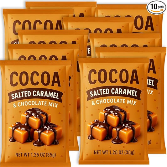 Salted Caramel Cocoa Mix Hot Chocolate 10 Packets - Nonfat Milk, Instant Drink Add Hot or Cold Water - Gluten Free & Kosher Dairy Friendly (1.25 oz Each) 12.5 oz Total