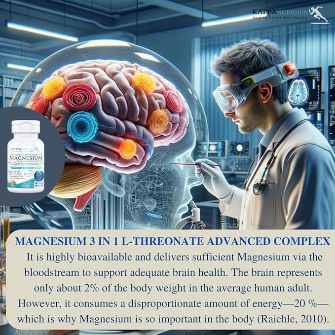 Kappa Nutrition Magbrain??Magnesium L-Threonate Plant-Based, 420mg Elemental Magnesium (3 Capsules) from 2,253mg, 90 Vegan Capsules, Brain, Sleep & Muscle Support.