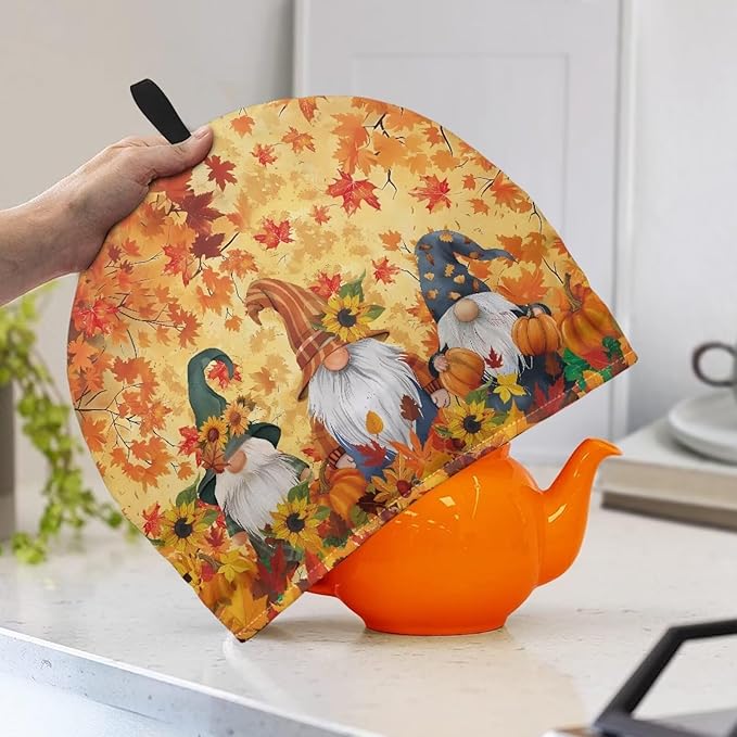 Gnome Pumpkins Tea Pot Cover for Halloween Day Reusable Teapot Cozy Keeping Warm,Dust Proof Maple Leaves Teapot Dust Protector for Kitchen Decorative